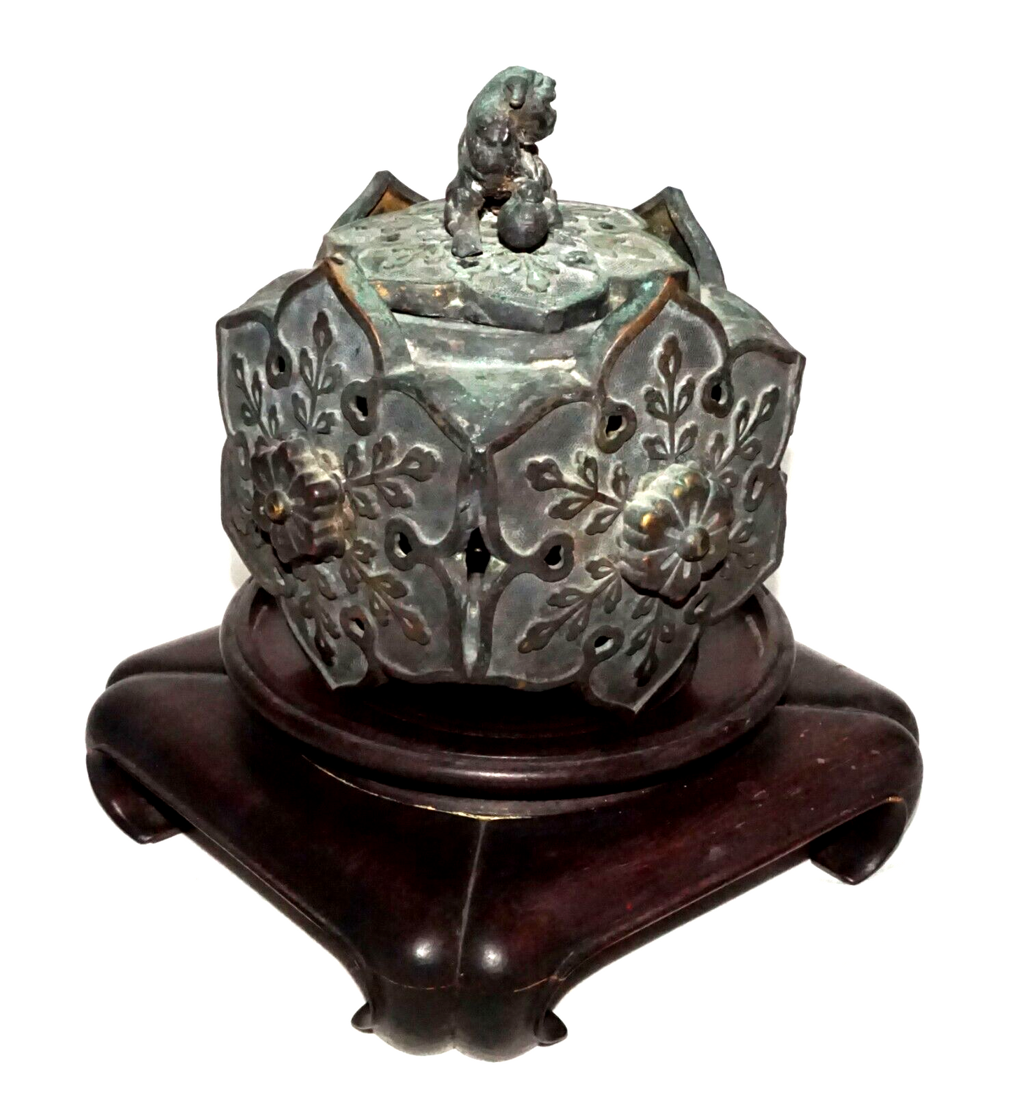 Chinese Bronze Flower Motif Incense Burner w. Foo Dog Finial on Base (WiR)