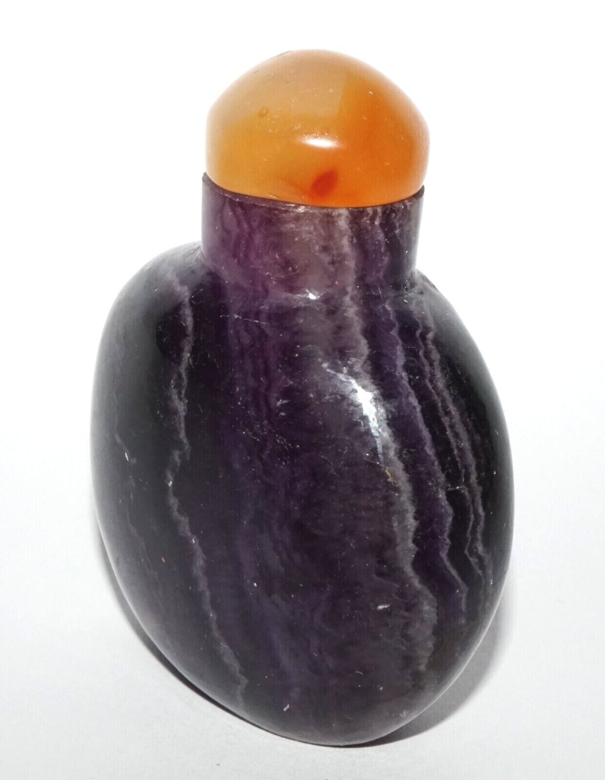 Vintage Chinese Purple Fluorite Carved Snuff Bottle w. Agate Stopper (LeS) G8