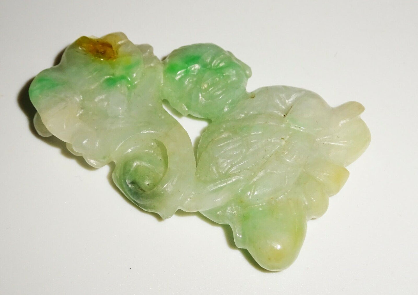 Vintage Chinese Mottled Green Jadeite Jade Carving Boy Lingzhi & Bat (LuD)