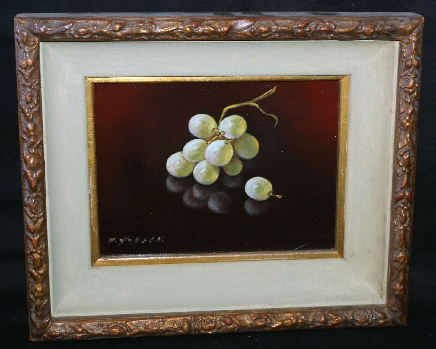 Vintage US Framed Oil Still Life Painting Green Grapes by A. Hansen (FeO)