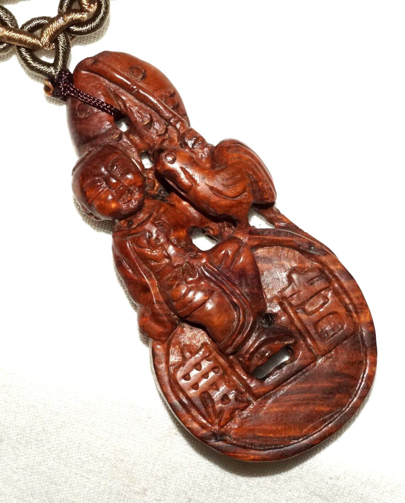 Vintage Chinese Wooden Pendant Carved Boy on Coin & Double Carp Motif (LeS)L21