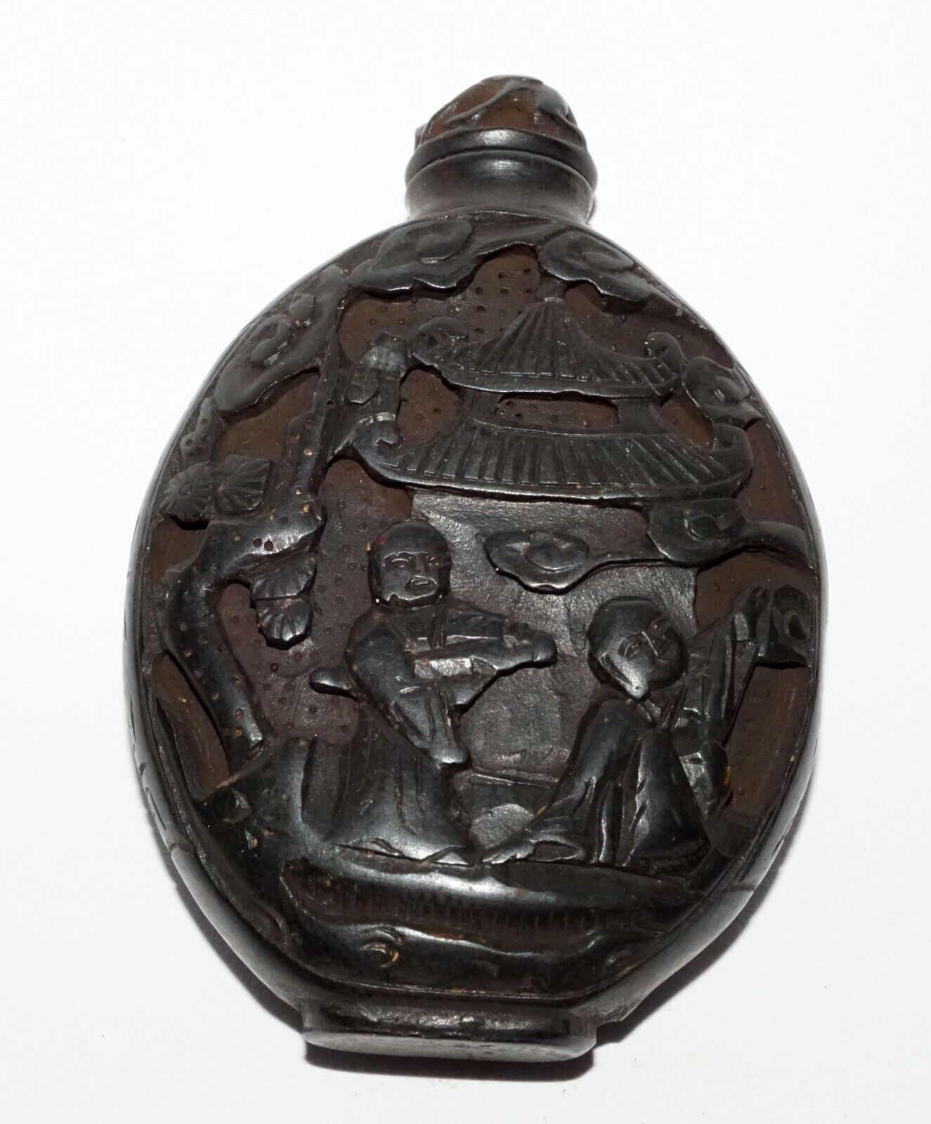 Vintage Chinese Black Lacquer Relief Carved Snuff Bottle Buddhist Motif (LeS) G1