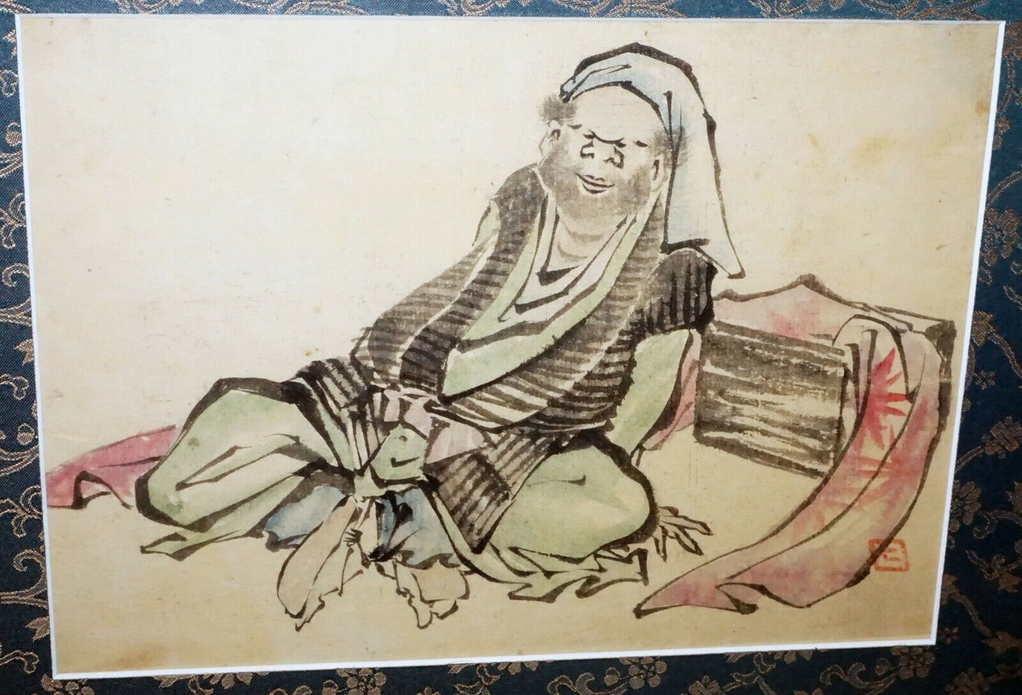 19C Japanese Framed Painting Fragment Seated Male Figure w. artist Seal (***)