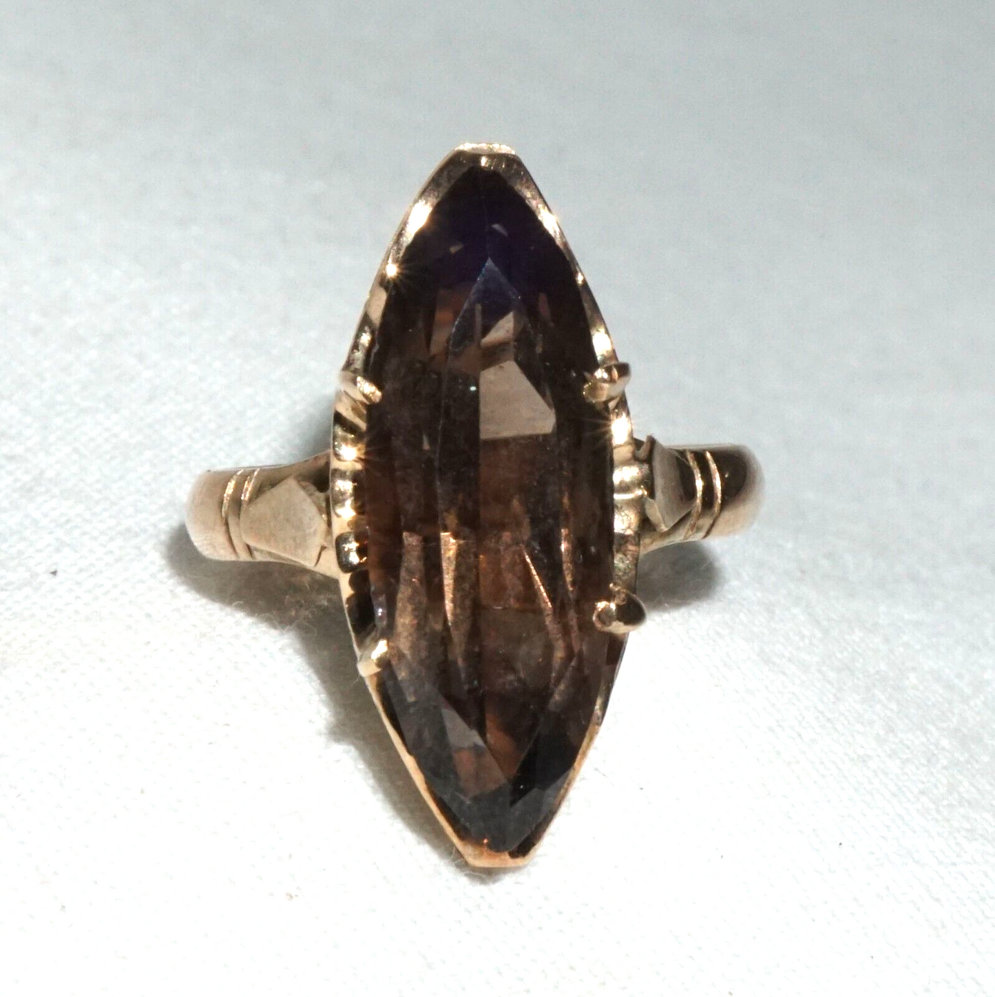 Vintage 14k Yellow Gold Ring Sz.5.5 set 1x Marquise Cut Smoky Quartz (BrM)L3