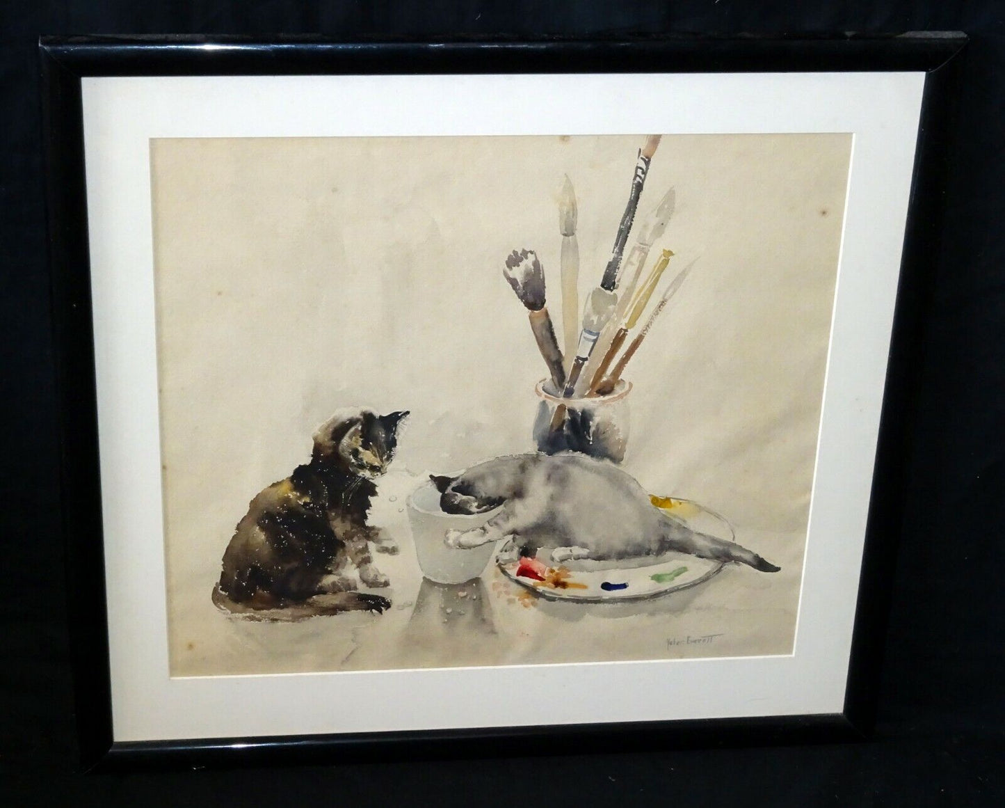 1950s US WC Still Life Painting Two Cats by Helen F. Everett (1883-1965)(CuM)