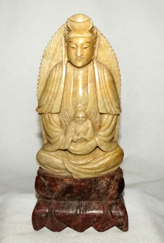 Vintage Chinese Soapstone Carved Buddha on a Lotus Base Sculpture (AHB)