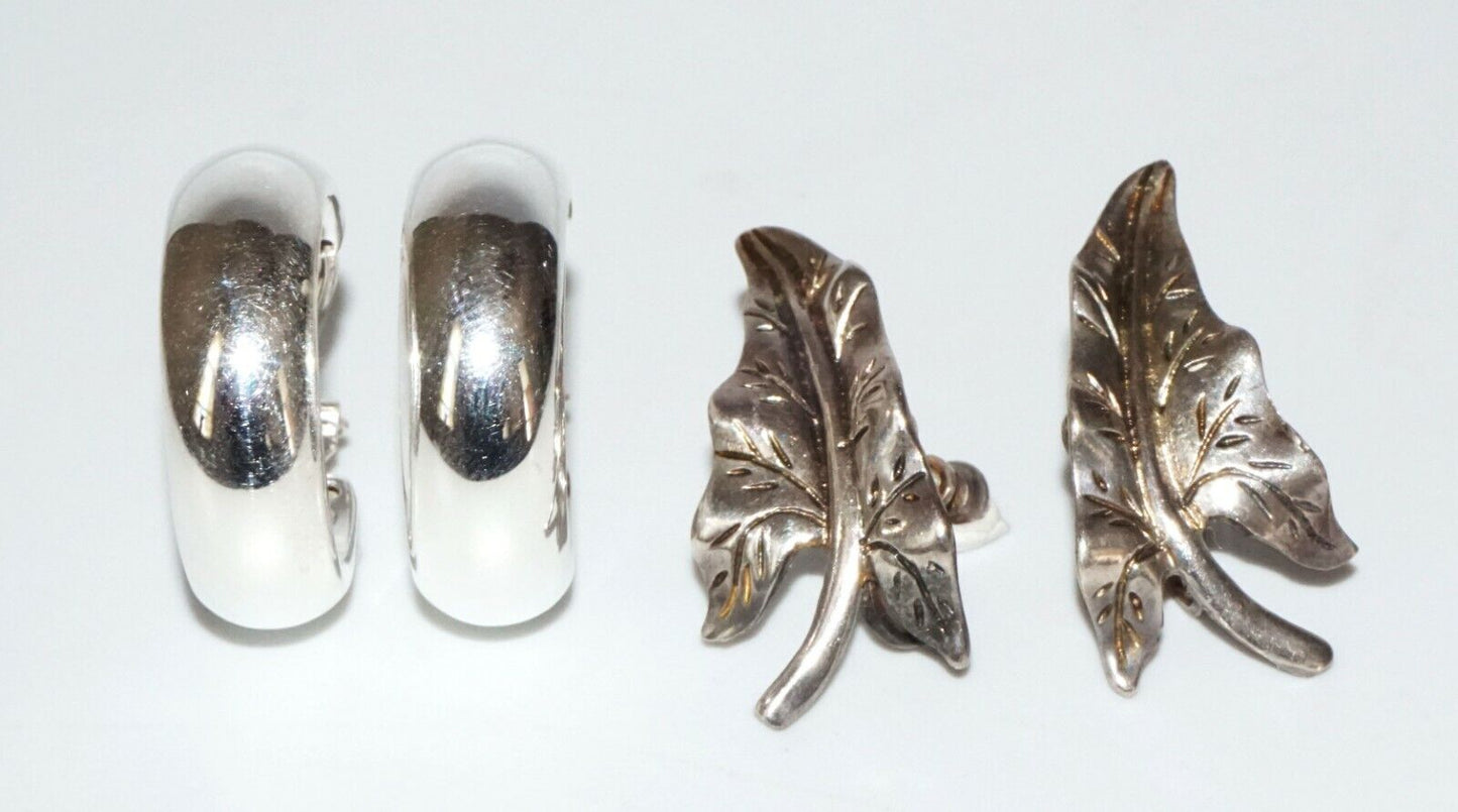 2x Pairs Vintage Sterling Silver Hoop & Leaf Motif Clip on Earrings (SaR)#382