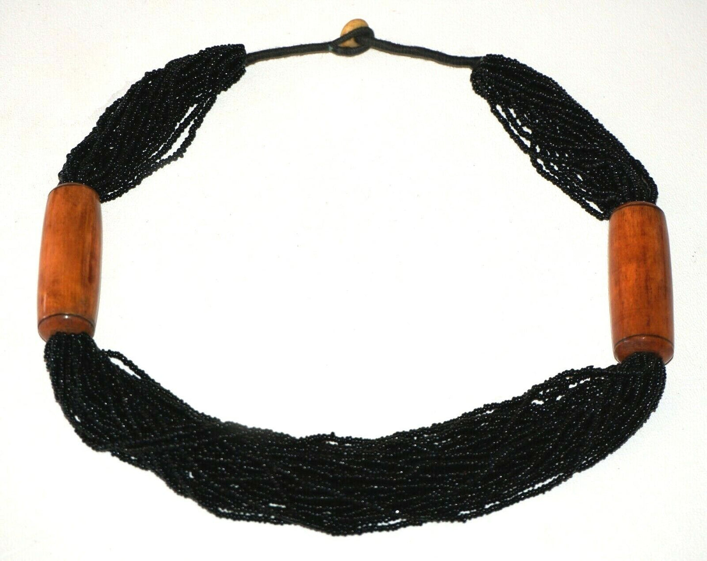 Vintage 20x Strand Black Mini Bead Necklace w. Blond Wood Tube Accents (Bsg)#35