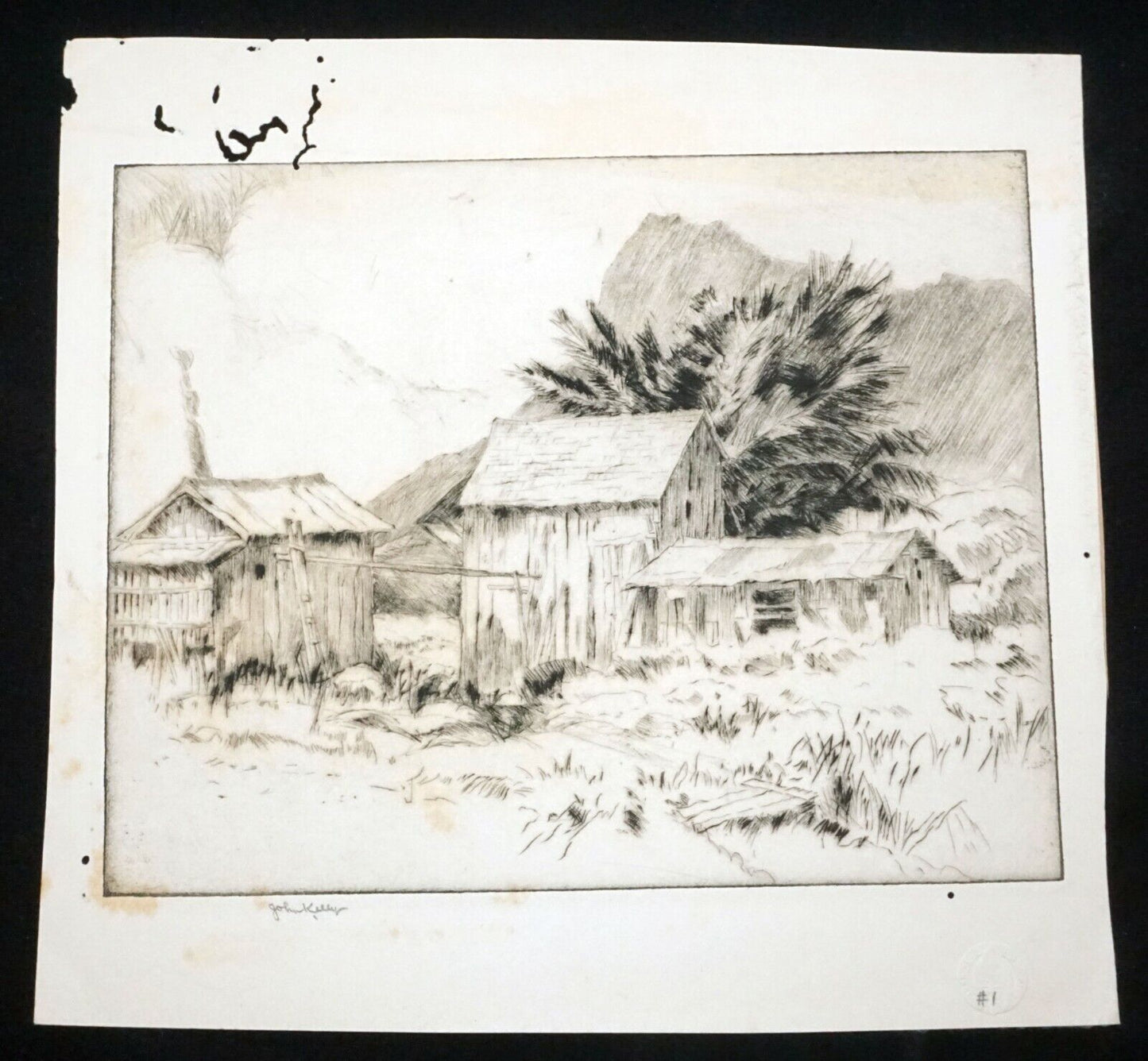 1920s Hawaii Etching Print "Homestead" by John Melville Kelly (1879-1962)(Kel)