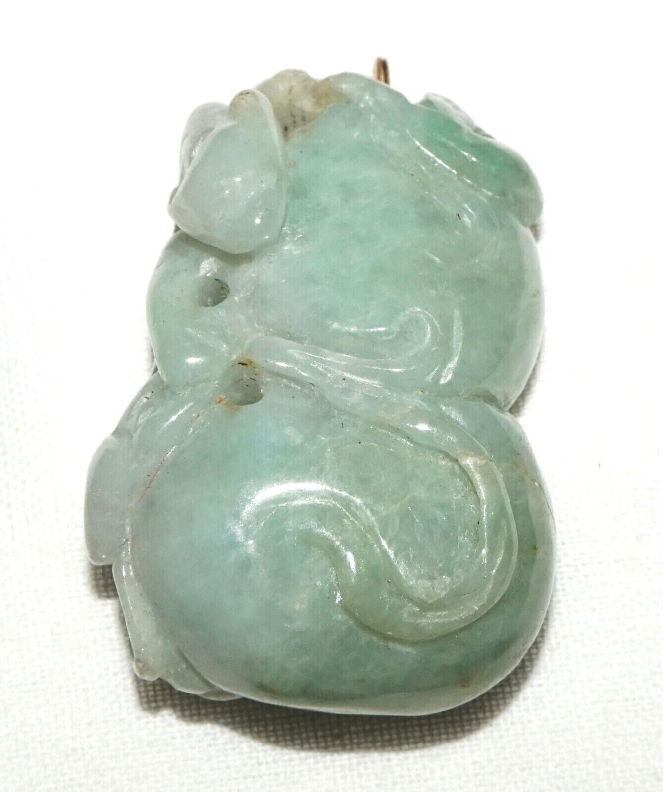 Vintage Chinese Double Gourd & Feline Motif Jadeite Jade Carved Pendant (AHB)