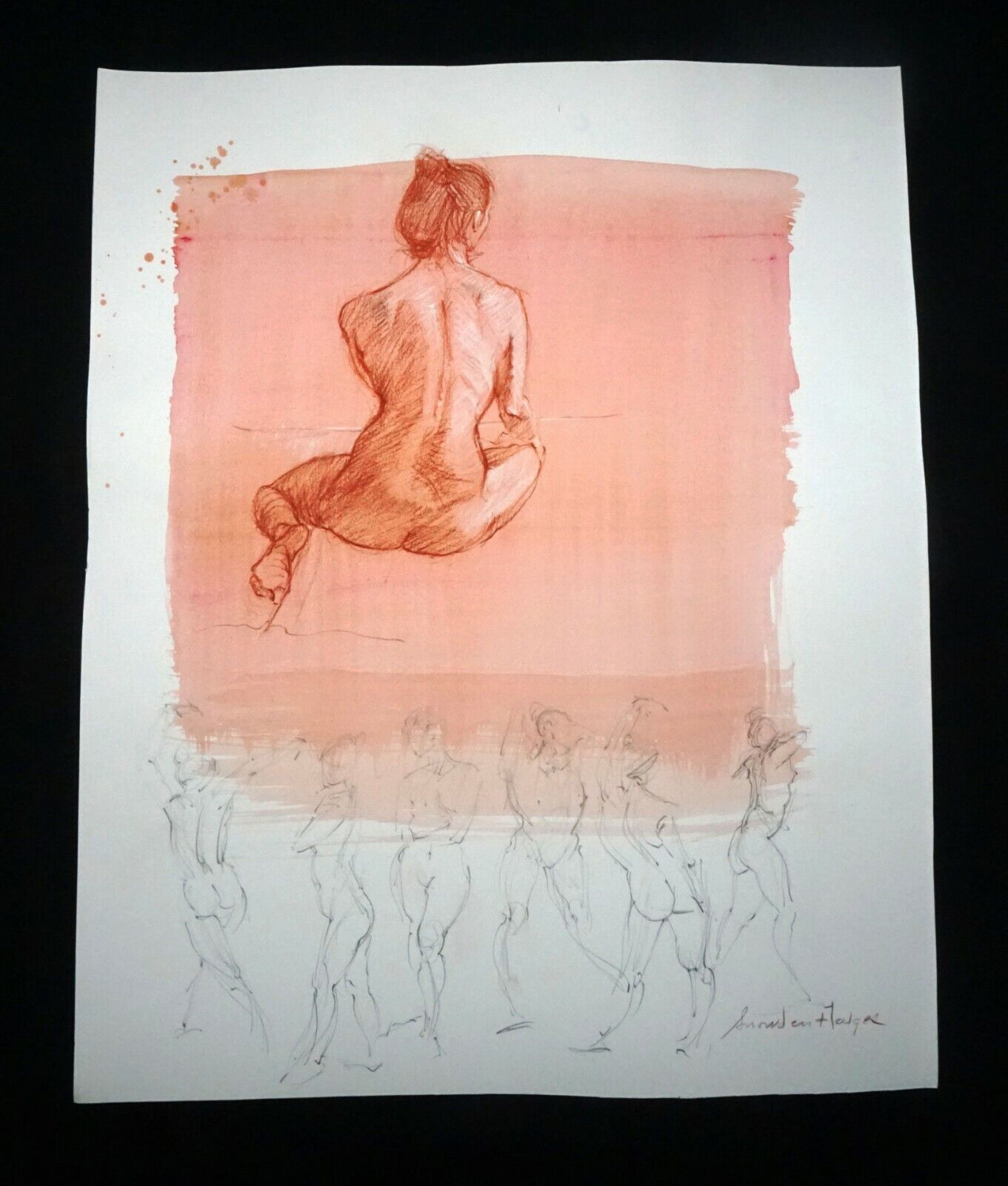 Hawaii Mixed Media Wash Painting Seated Female Nude Back Snowden Hodges(Sho)#106