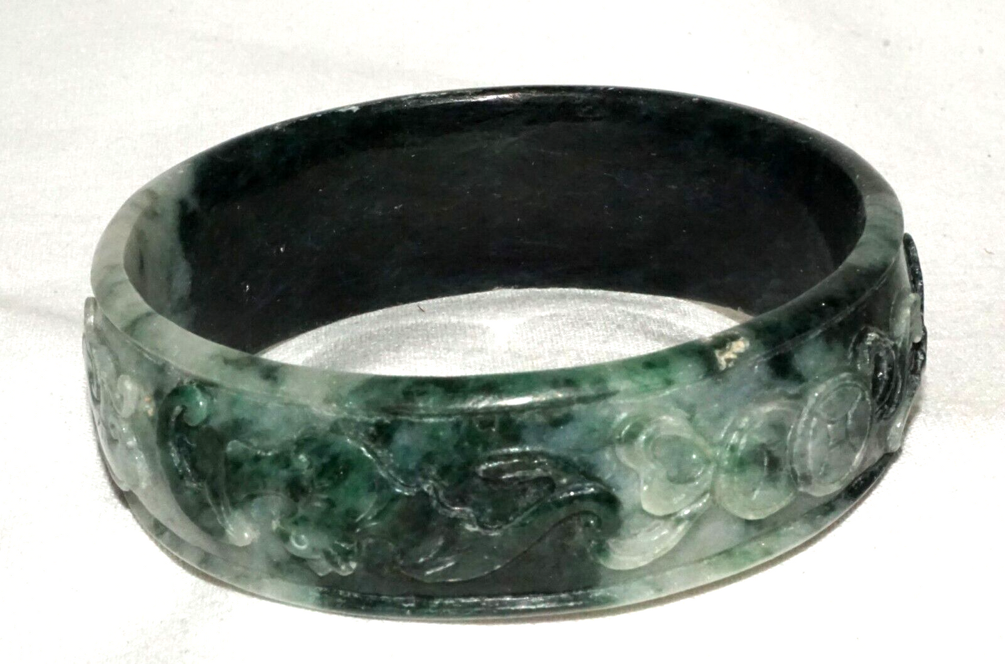 Vintage Chinese White & Green Jadeite Jade Bangle Bracelet Bat & Coin (LeS)L25