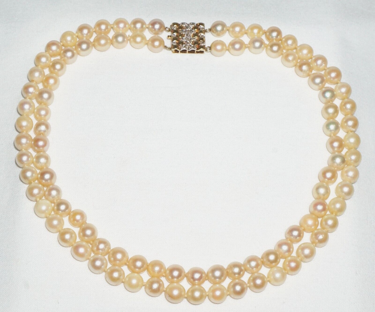 Vintage Double Strand Pearl Necklace 14k Y. Gold Clasp w. 28x Diamonds (BiB)