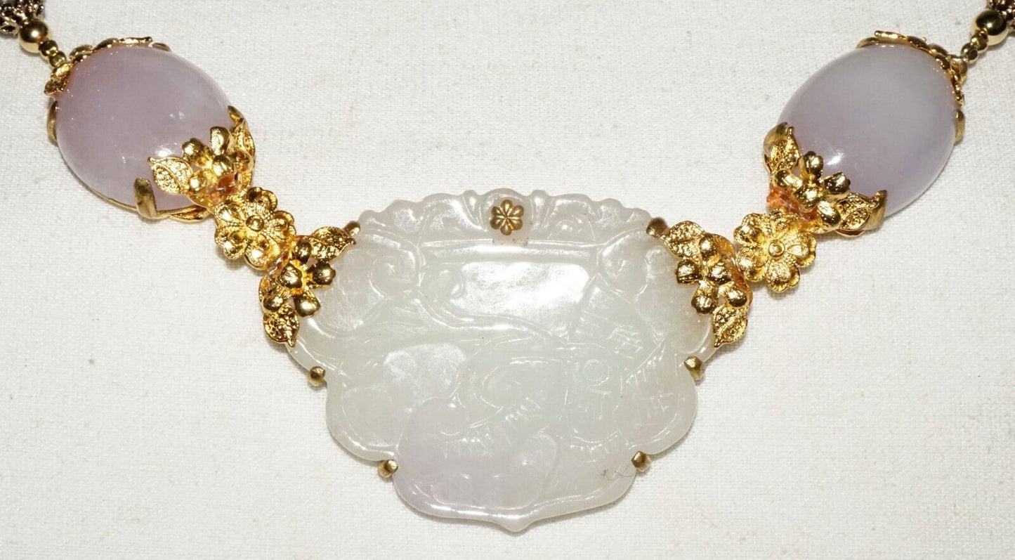 Vtg. Chinese Fashion Necklace White Jade Pendant & 2x Lavender Jade Cabs (LeP)