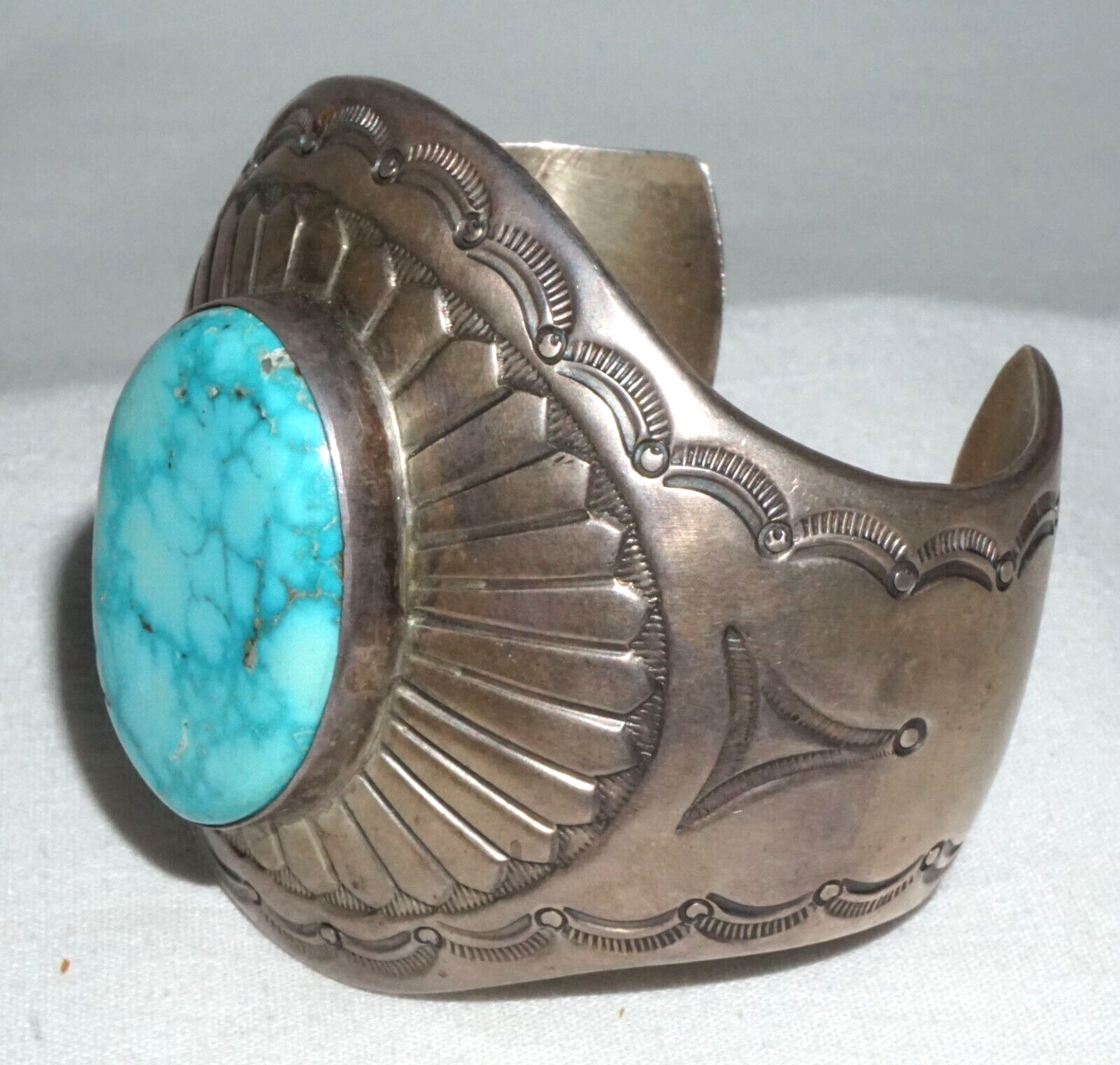 Vintage Navajo Heavy Sterling Silver Bracelet w. Turquoise Harvey Mace (GeB)#17