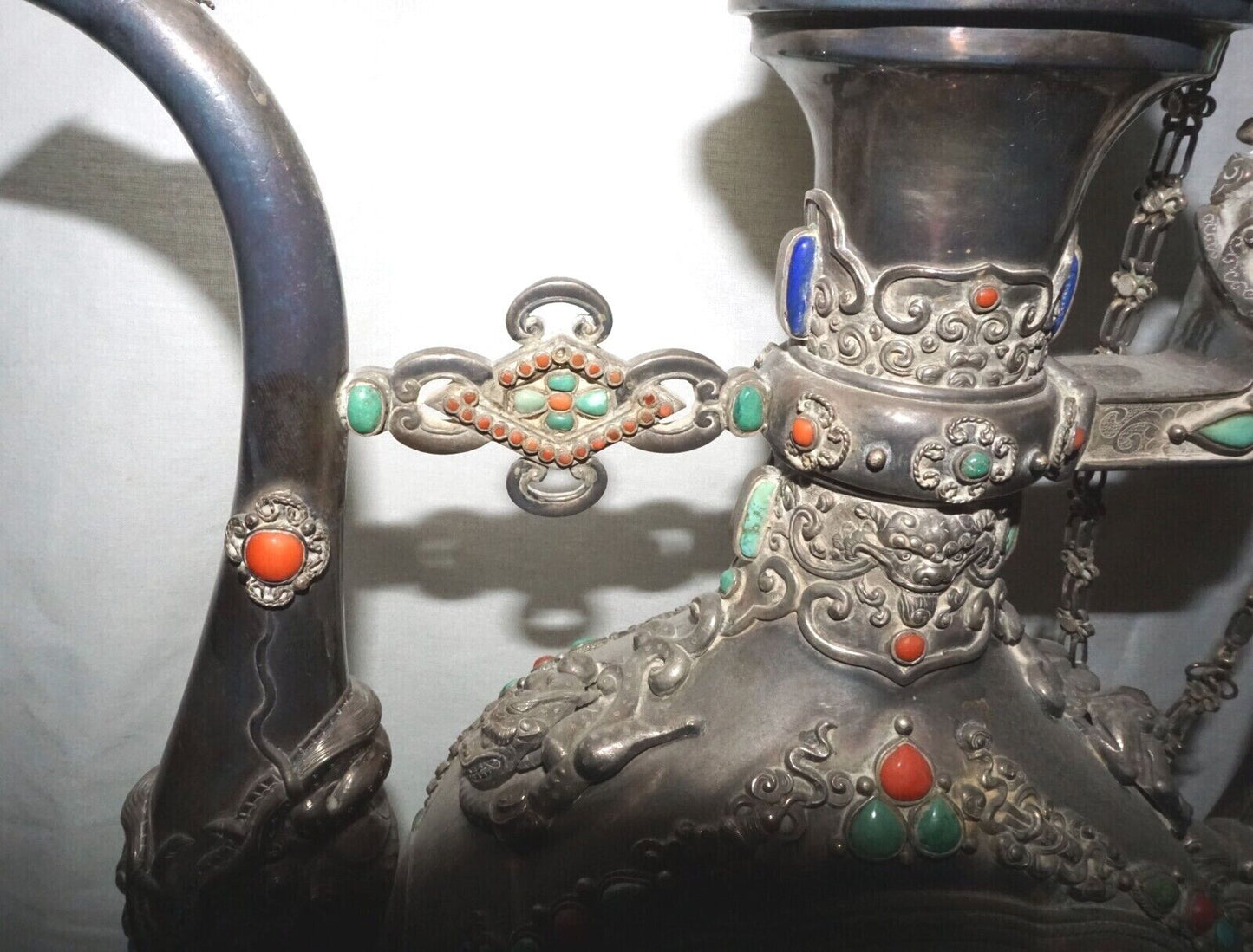 Mongolian Silver Ewer w. White Jade Plaques Dragon Hook Coral Turquoise (LeD)