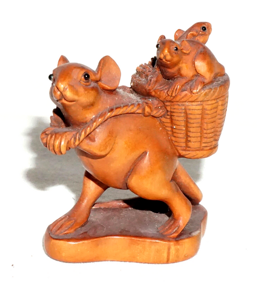 Vintage Japanese Carved Wooden Netsuke Mouse w. Basket & Babies (FeH