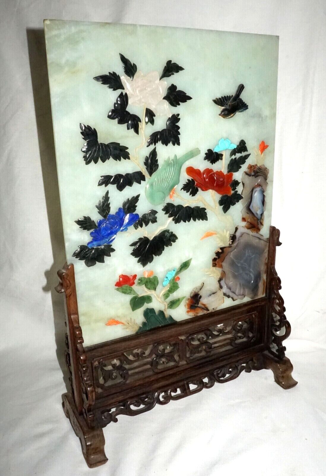 Vintage Chinese Serpentine Table Screen Gemstones Birds & Flowers on Stand (LeD)