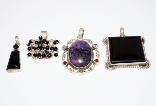 4Pc Vintage Serling Silver Pendants set w. Onyx, Turmaline & others (***)15