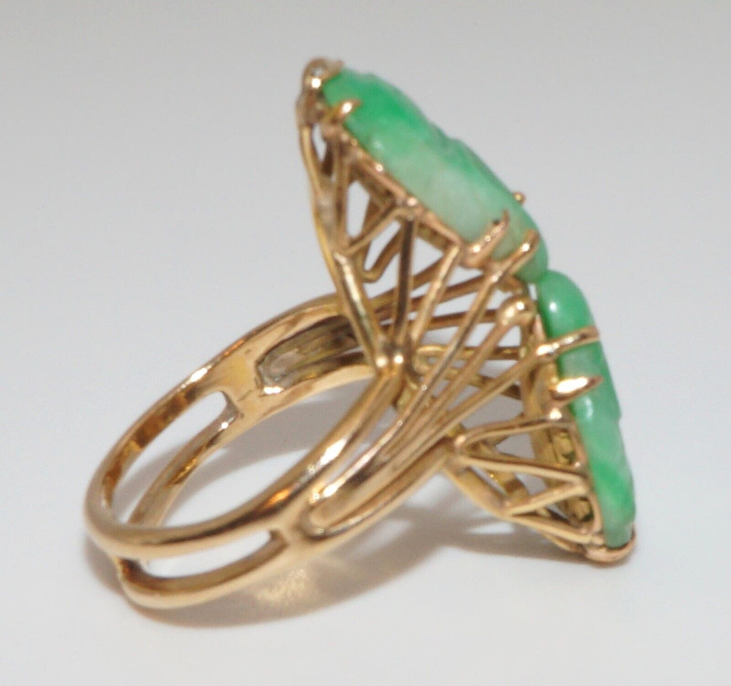 14k Gold Wireframe Ring w 2 Buddha Shaped Apple-Green Jades Sz. 7 1/2 (ArS)