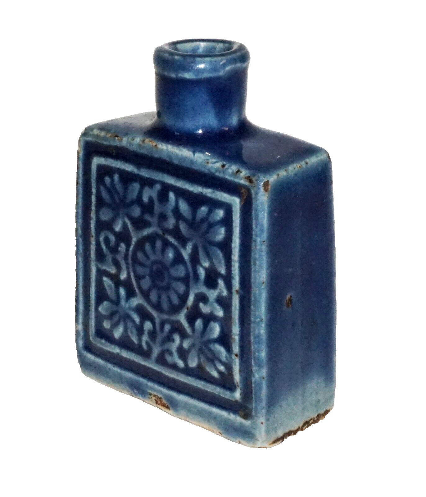 Antique Chinese Blue Glaze Molded Pottery Snuff Bottle w. Floral Motif (Kai) IC