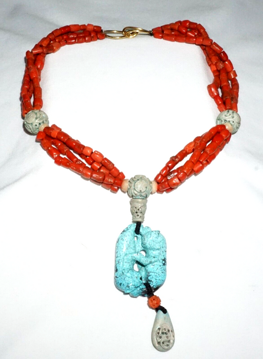 Chinese 14k Yellow Gold & Red Coral Bead Necklace w. Turquoise Pendant (GeB)#16