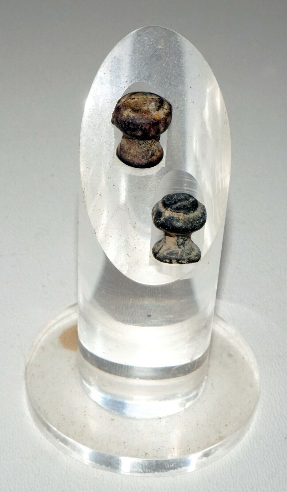 Thai Ayutthaya Period Molded Lead Ear Plugs on Acrylic Stand (Mil) #219