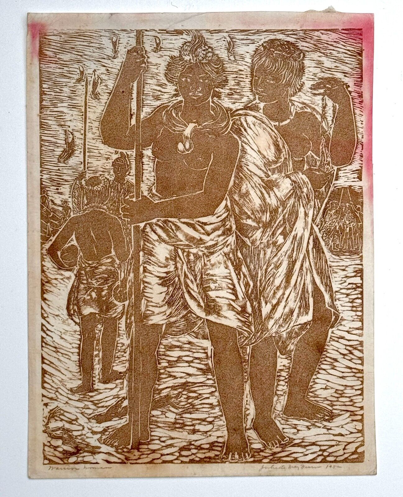 1952 Hawaiian Linocut "Warrior Woman" by Juliette Fraser (KoR)