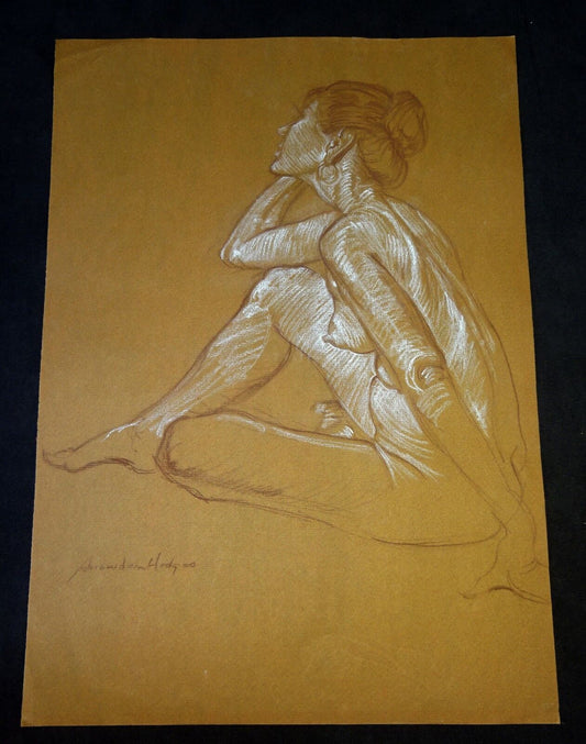 Vtg Original Mixed Media Drawing Painting Seated Nude by Snowden Hodges (Sho)