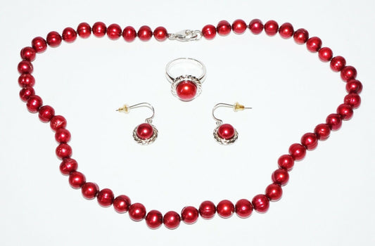 4Pc Sterling Silver & Red Pearl Necklace Ring Sz.8 & Pair Earrings Set (SaR)#441
