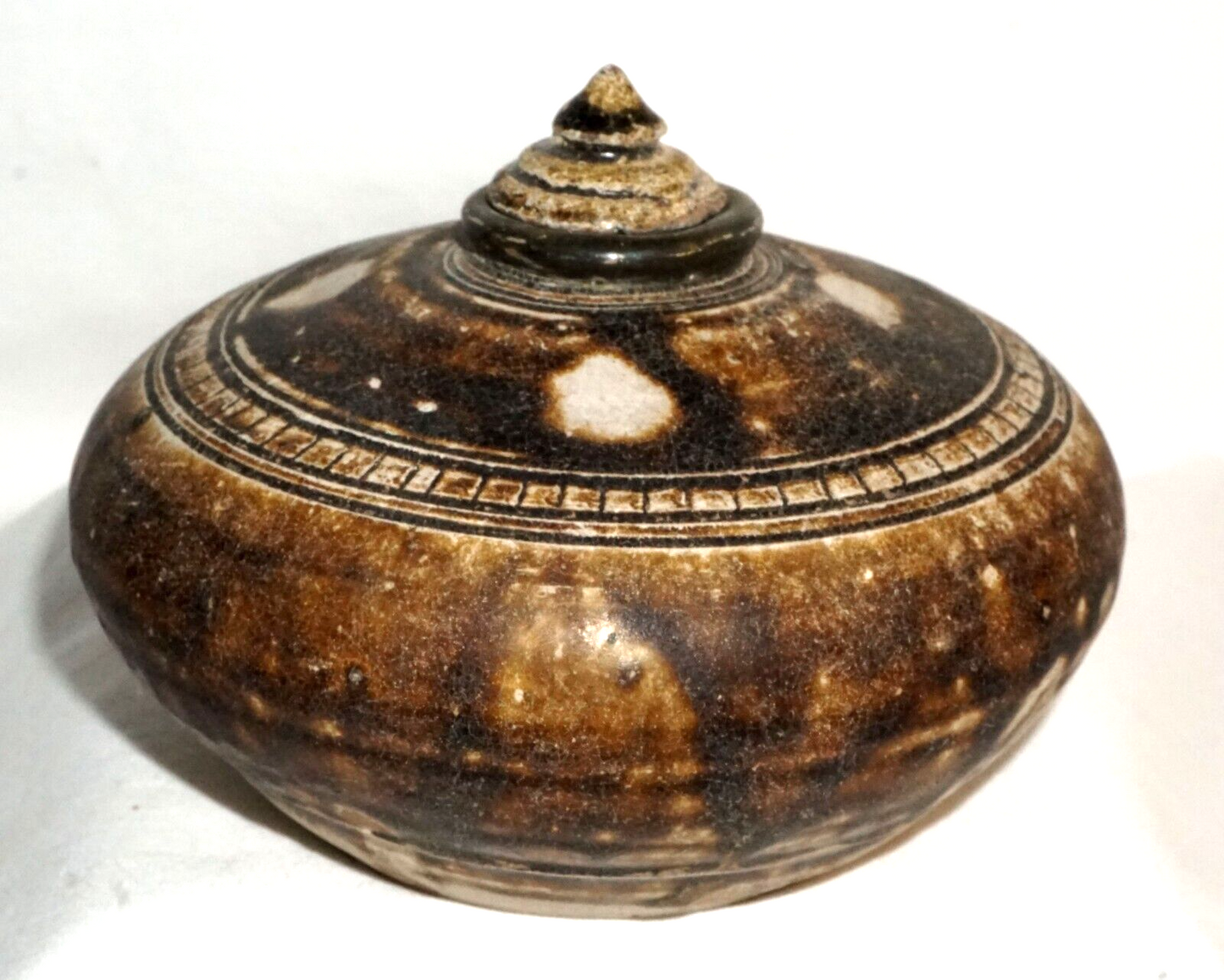 12C Antique Cambodian Khmer Brown Glaze Stoneware Covered Pot or Jar (JSt) 27