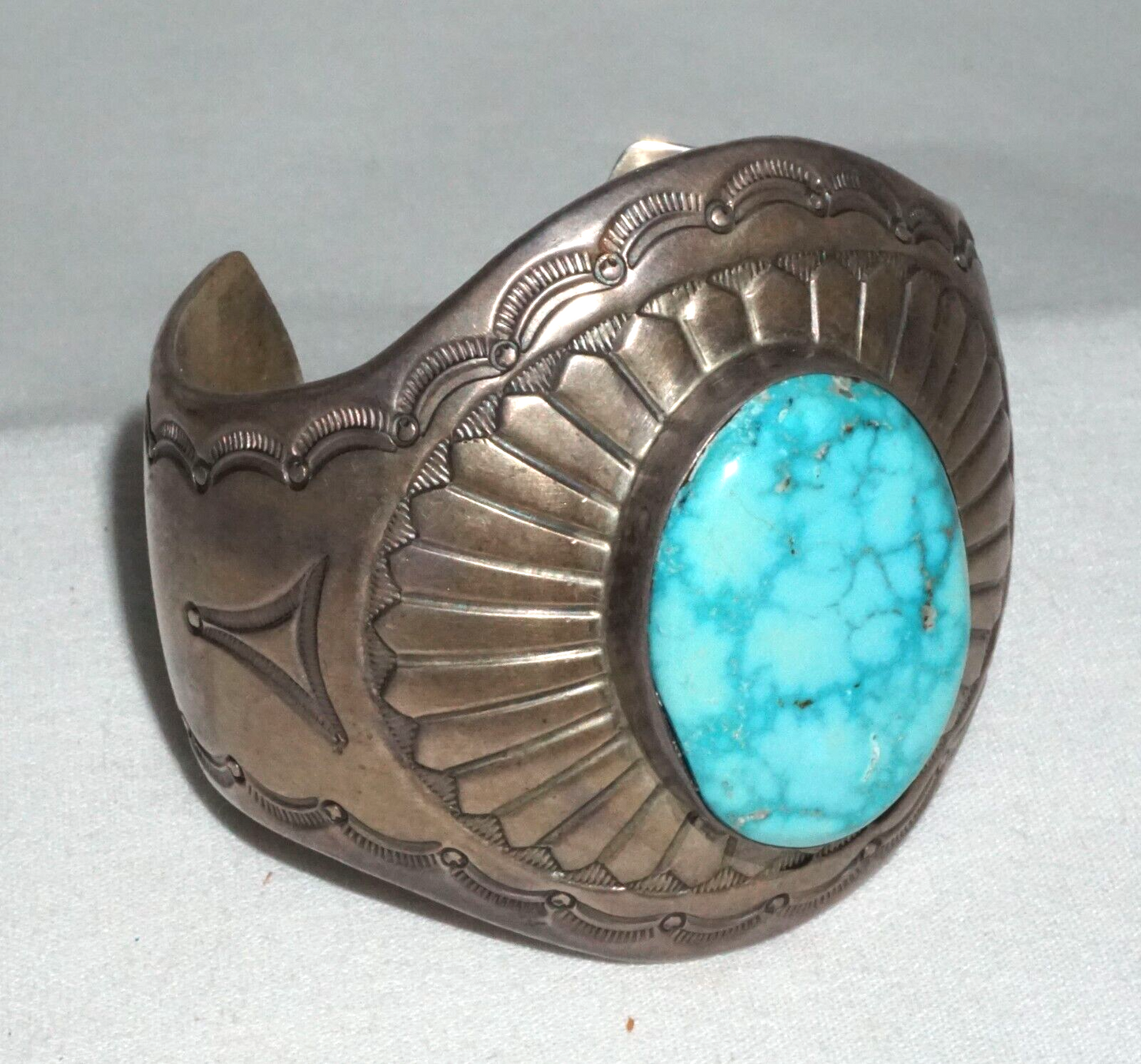 Vintage Navajo Heavy Sterling Silver Bracelet w. Turquoise Harvey Mace (GeB)#17