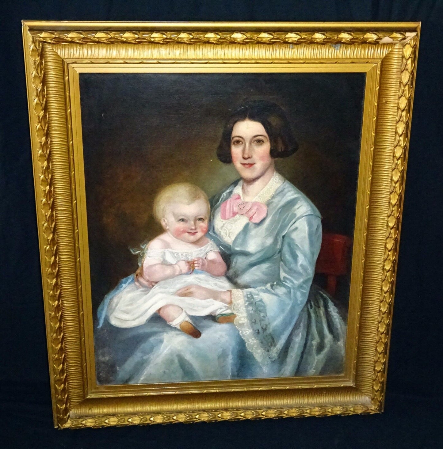 19C Canadian Folk Oil Painting Mother & Baby attrib Robert Whale (1805-87) (Sto)