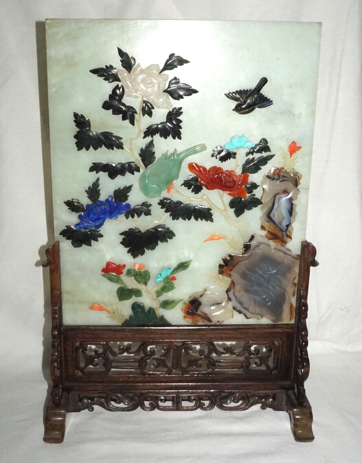 Vintage Chinese Serpentine Table Screen Gemstones Birds & Flowers on Stand (LeD)