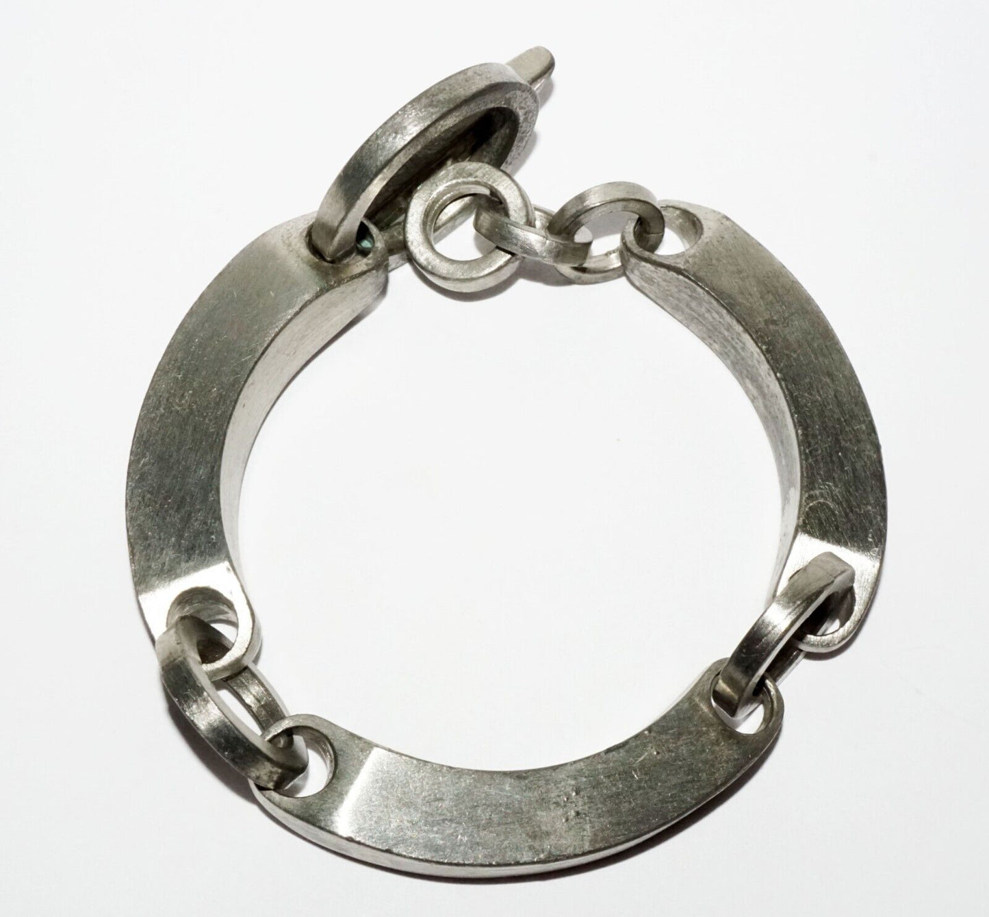 Vintage Brutalist Style Pewter Link Bracelet w. Disk Clasp (LeS) G13