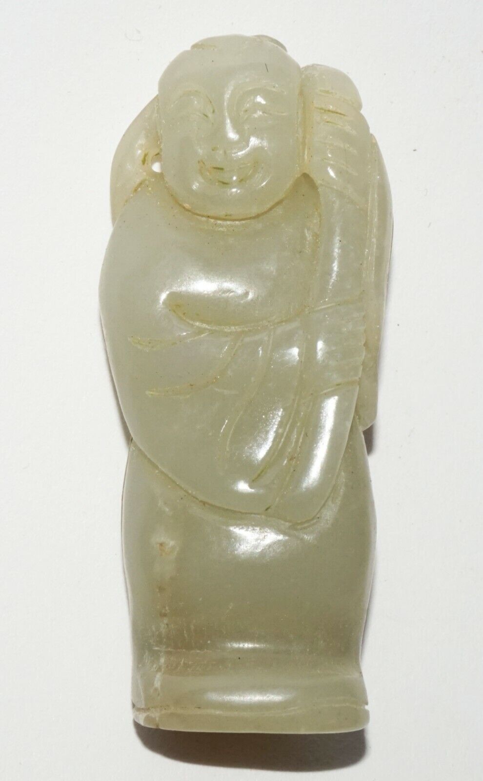 Vintage Chinese Pierced Nephrite Carved Standing Figure Holding Lingzhi (LeS) G3