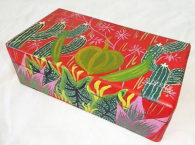 1980s Haitian Wooden Covered Boxes w Painted Cactus Motif by S. Bazile (Stea)