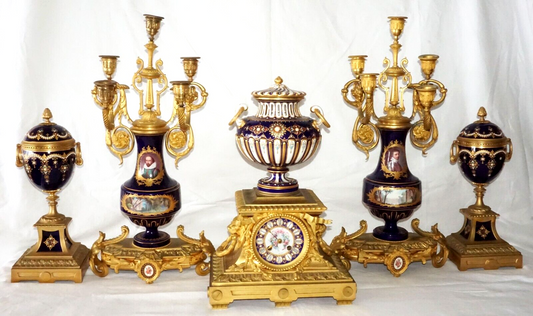 5Pc 19C French Sèvres Royal Blue Porcelain Ormolu-Mounted Clock Garniture (JeP)