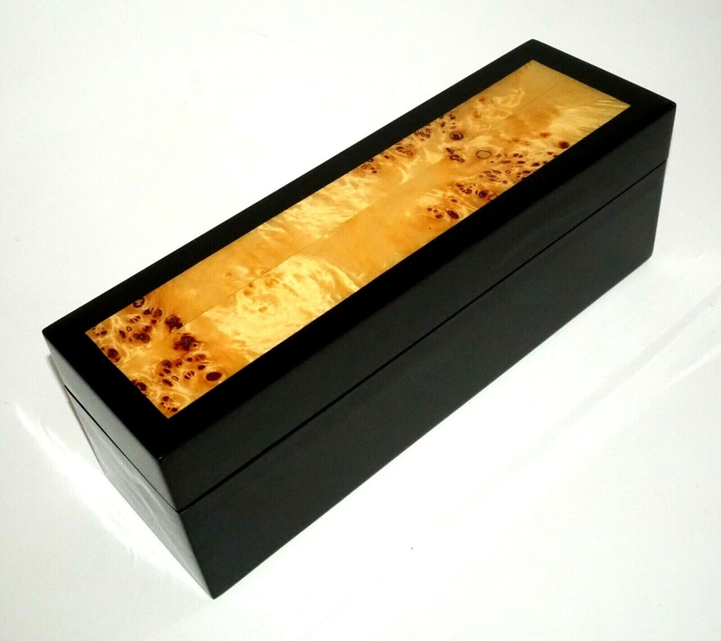 Vintage Japanese Black Lacquer Covered Box w. Honey Burl Inlaid Accent (CWo)