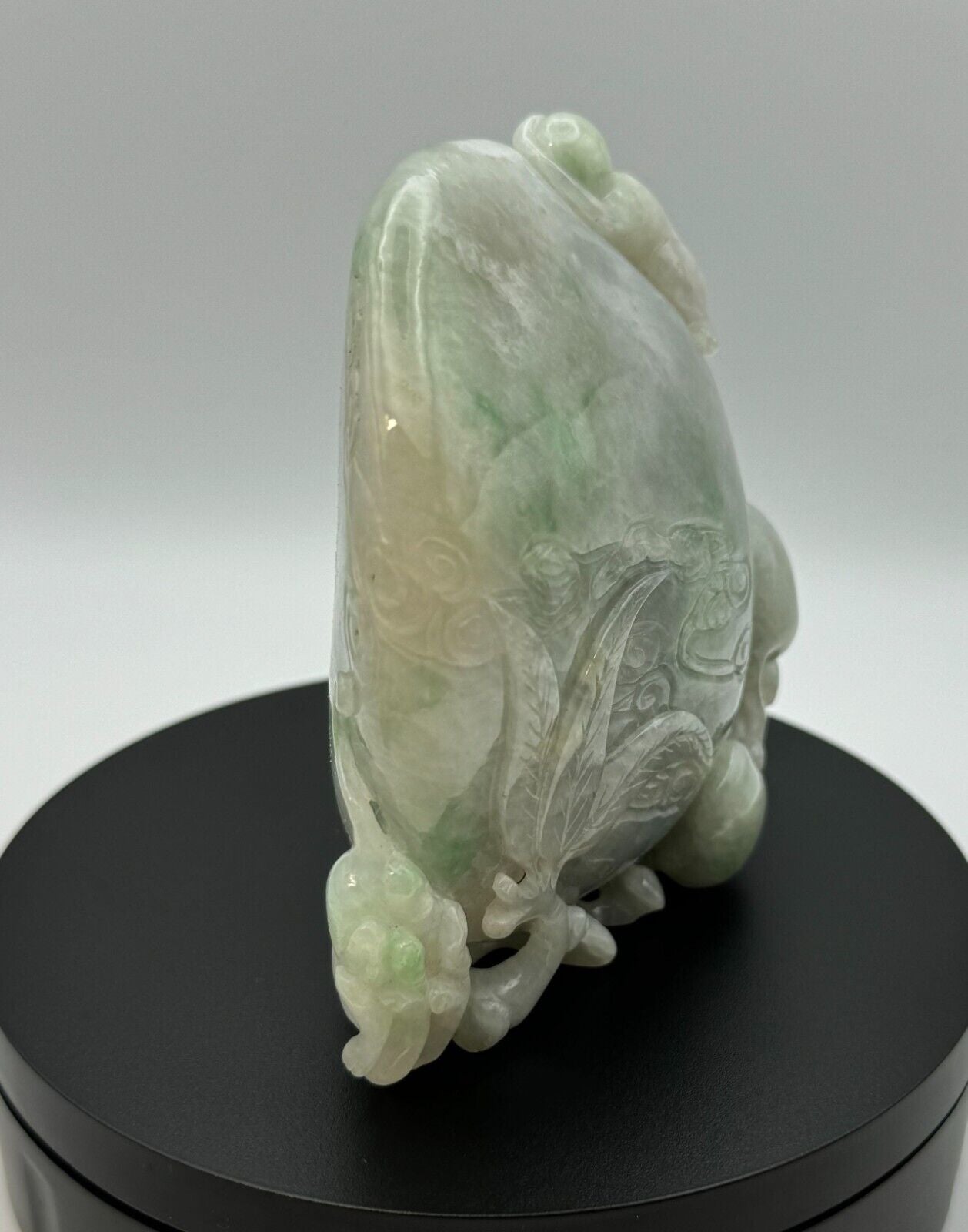 Vintage Chinese Off White Jadeite Carving a Peach w Playful Monkeys (InS)63