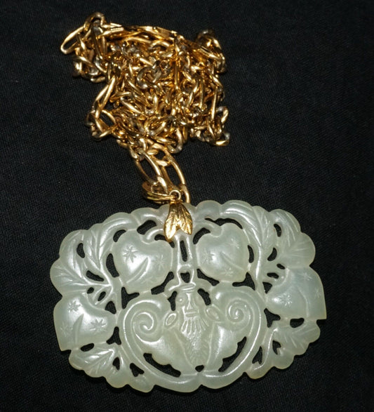 Antique Chinese White Jade Pierced Plaque Pendant Butterfly & Peaches (LeS)L24