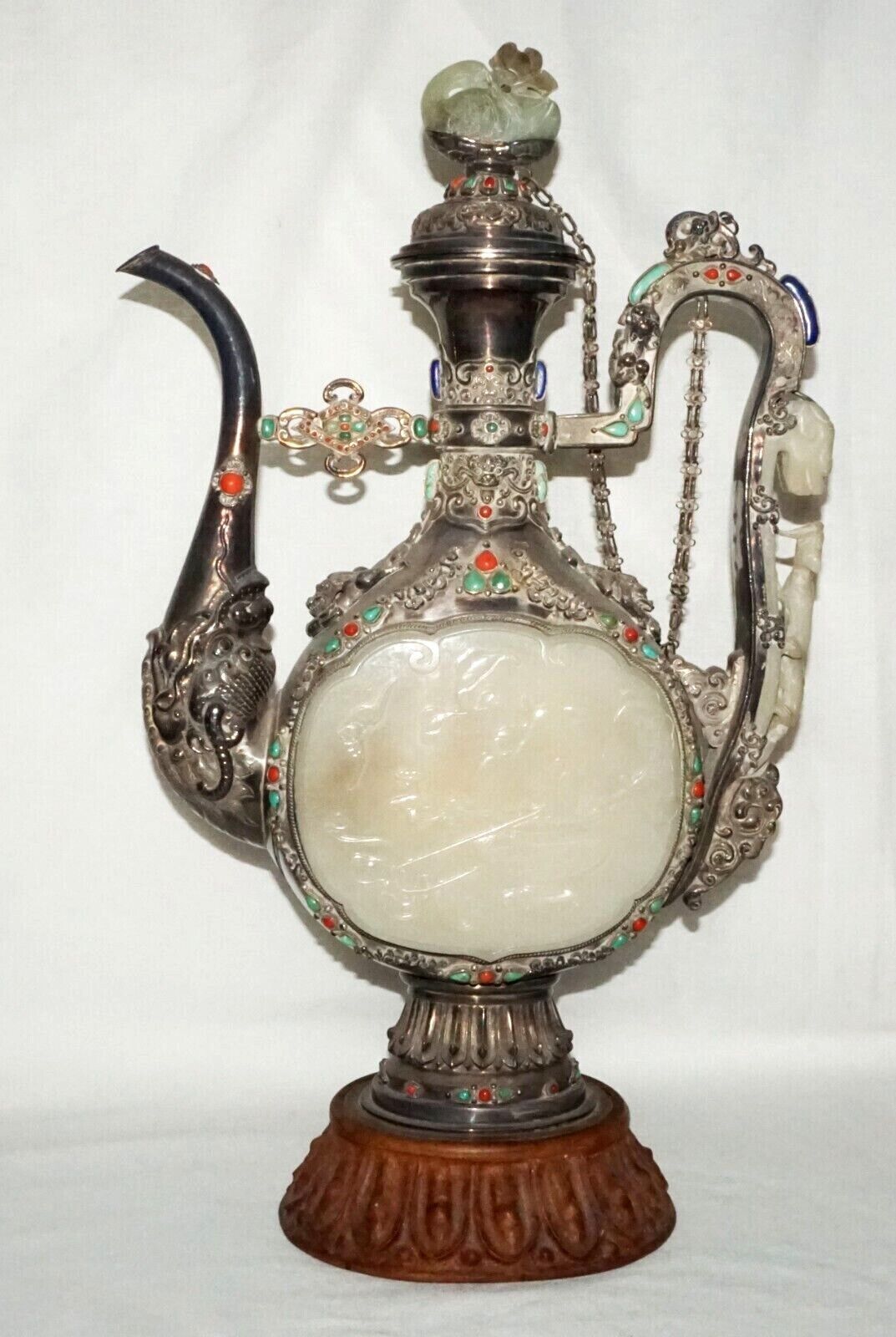 Mongolian Silver Ewer w. White Jade Plaques Dragon Hook Coral Turquoise (LeD)