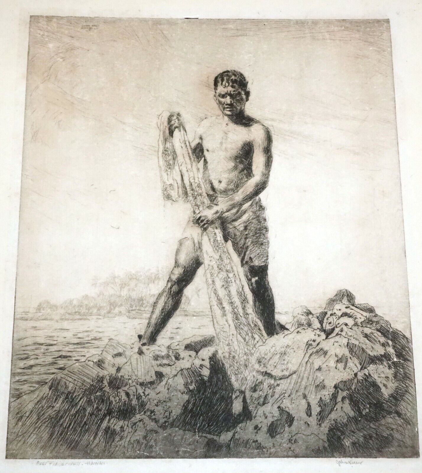 1928 Hawaii Etching Print Reef Fisherman by John Melville Kelly (1879-1962)(Kel)