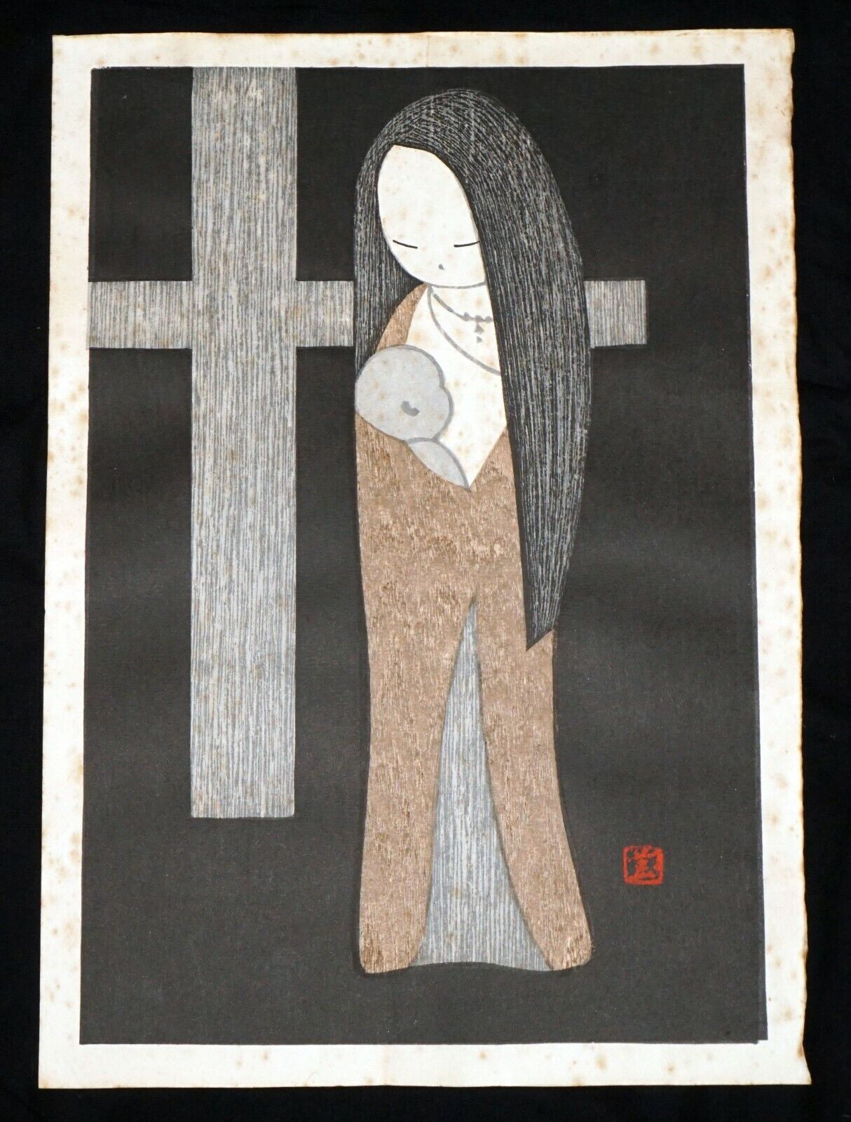 1955 Japanese Woodblock Print Madonna & Child by Kawano Kaoru (1916-1965)(***)