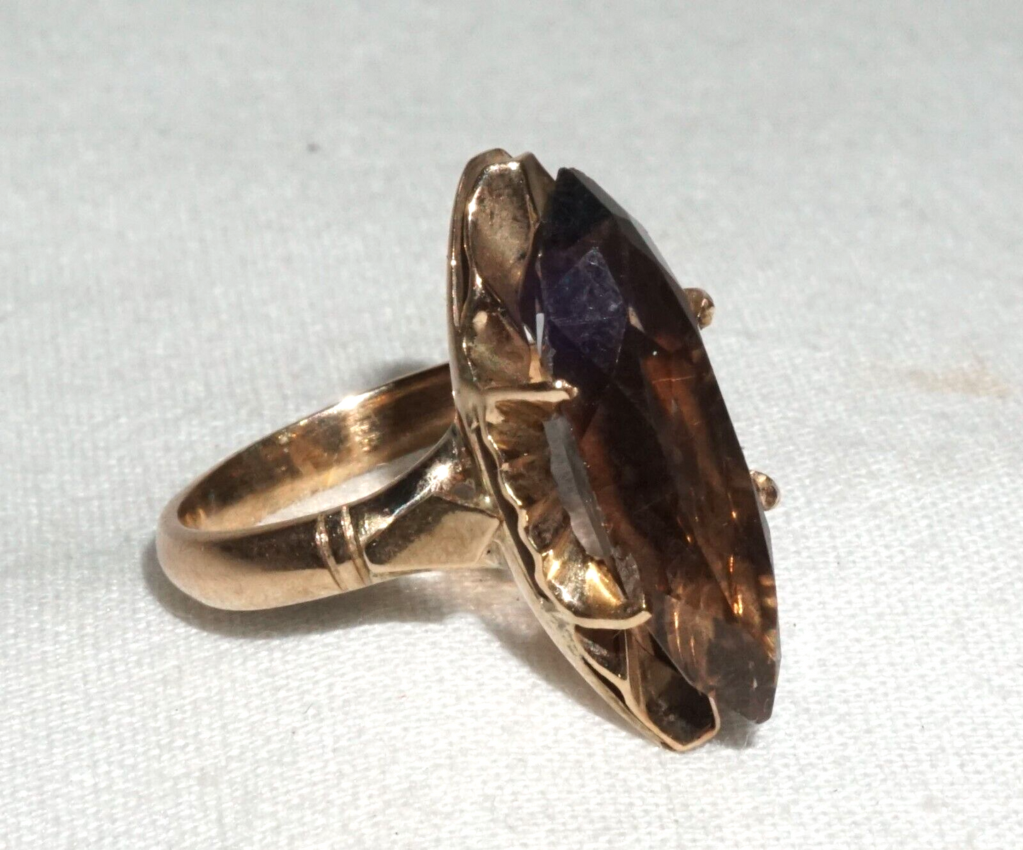 Vintage 14k Yellow Gold Ring Sz.5.5 set 1x Marquise Cut Smoky Quartz (BrM)L3