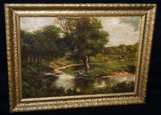 1911 US Framed Oil Painting Country Stream & Tree by L.H. Lemong (?) (New)