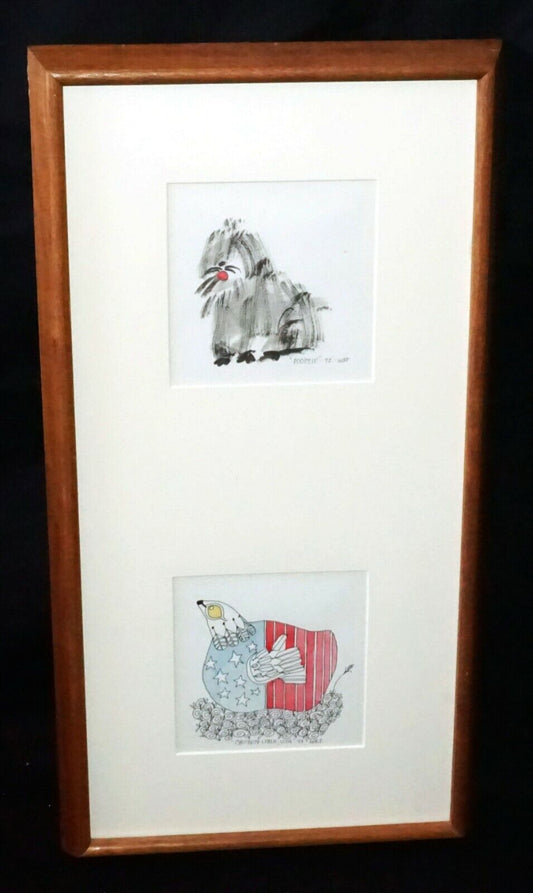 1972 US Koa Framed 2x Color Print Whimsical Grouping signed W.R.T. (CWo)