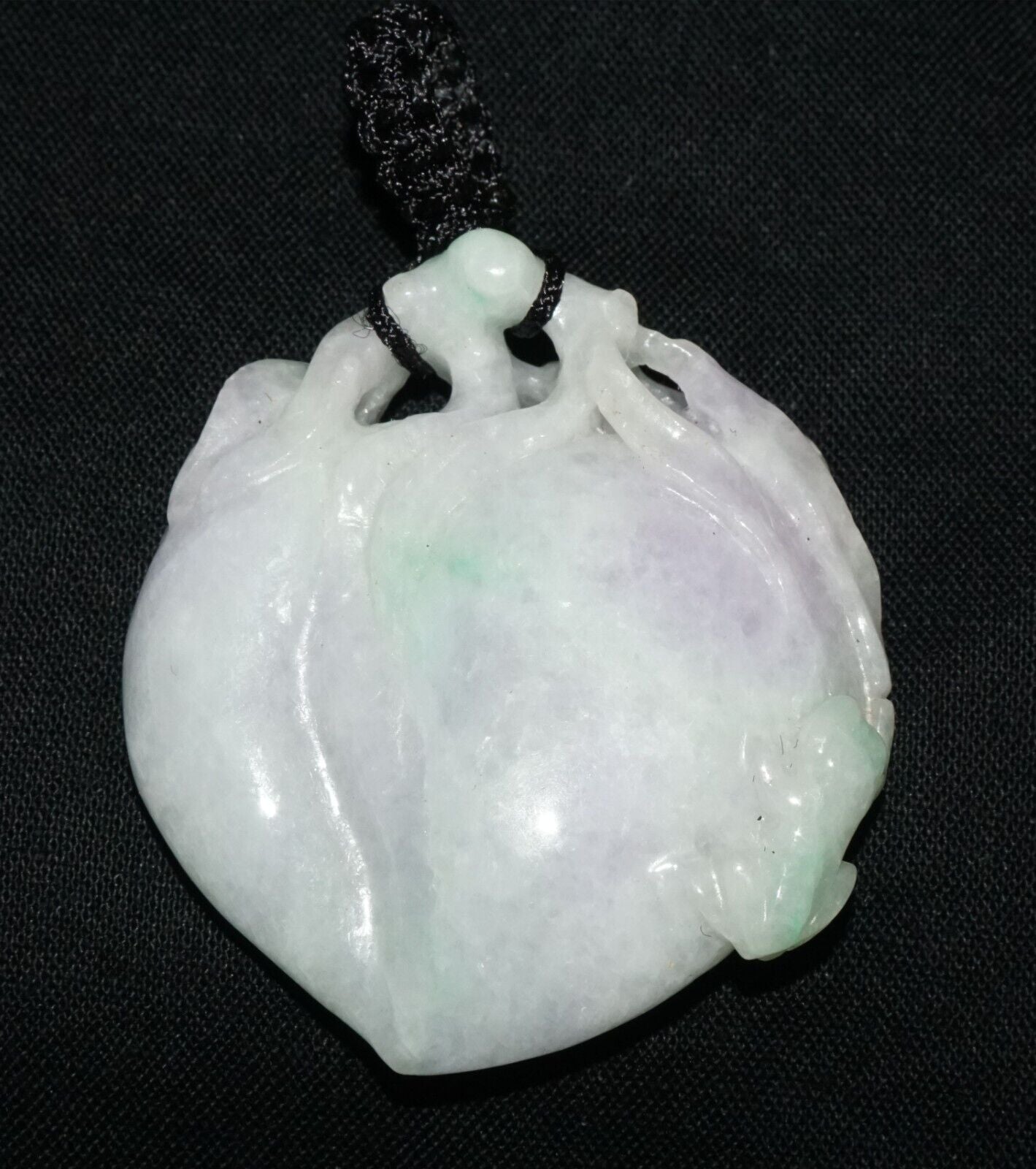 Vintage Chinese Lavender Jade Peach & Frog Motif Carved Pendant (LeS)L23