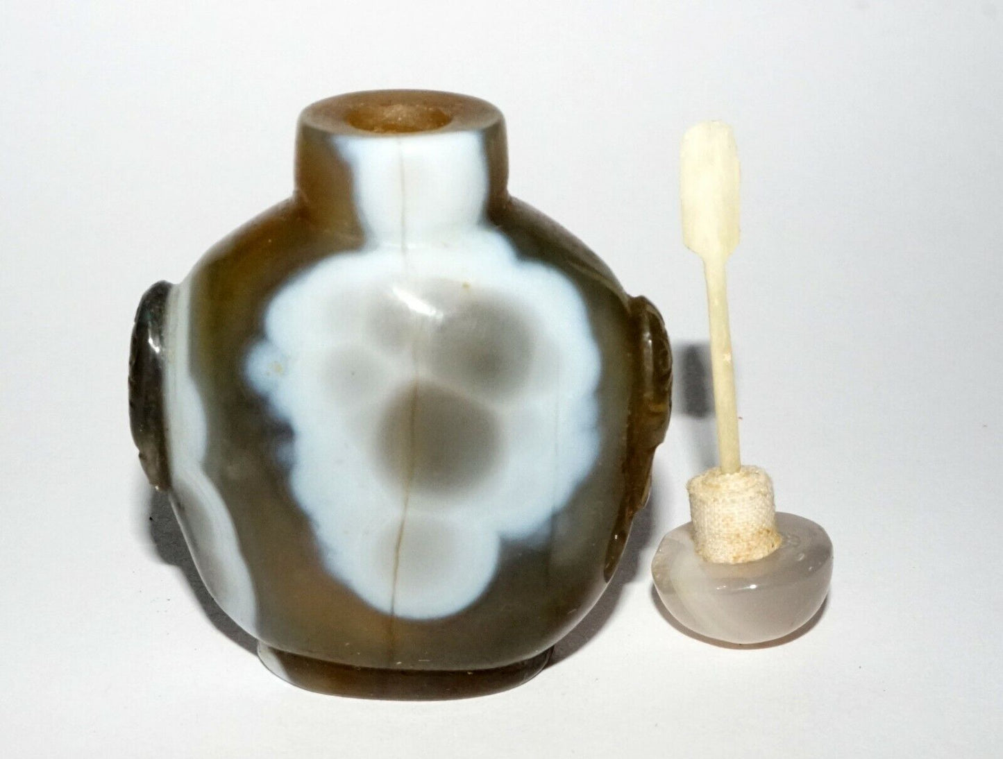 Vintage Chinese Agate Carved Snuff Bottle w. Mask Handles & Stopper (LeS) G1