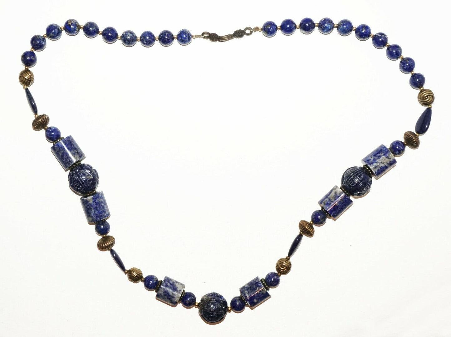 Vintage Chinese Lapis Lazuli Bead Necklace w. Plain & Carved Beads (HaY)#18